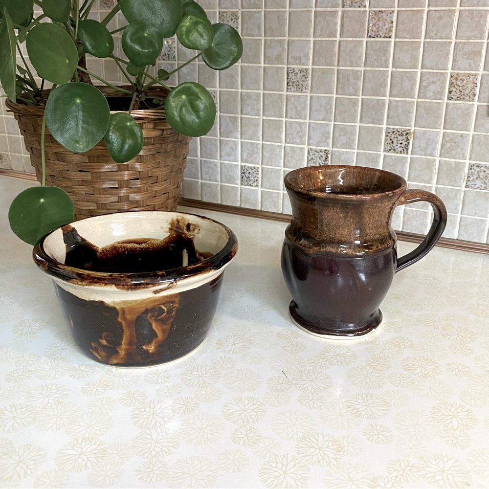 Vintage handmade Pottery set , bowl & mug brown / cream natural tones